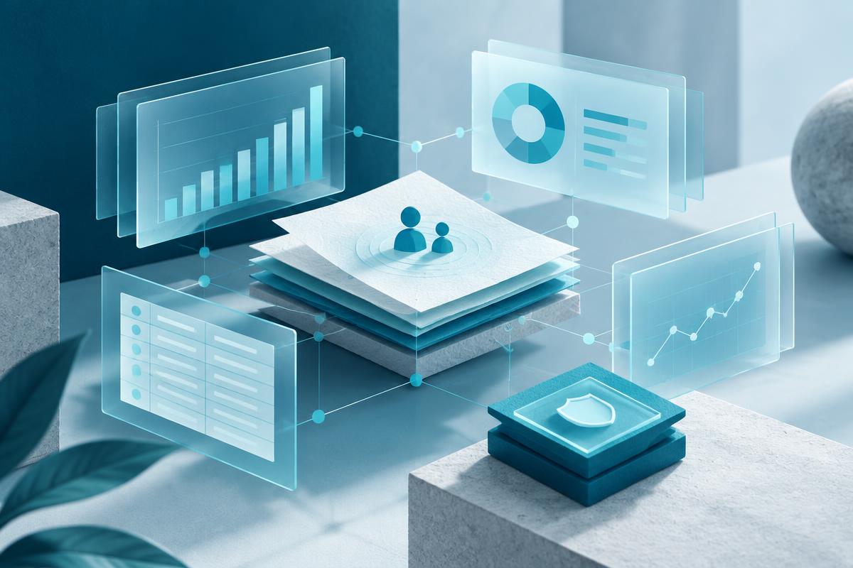 Organização contábil digital com documentos e elementos em azul petróleo e turquesa