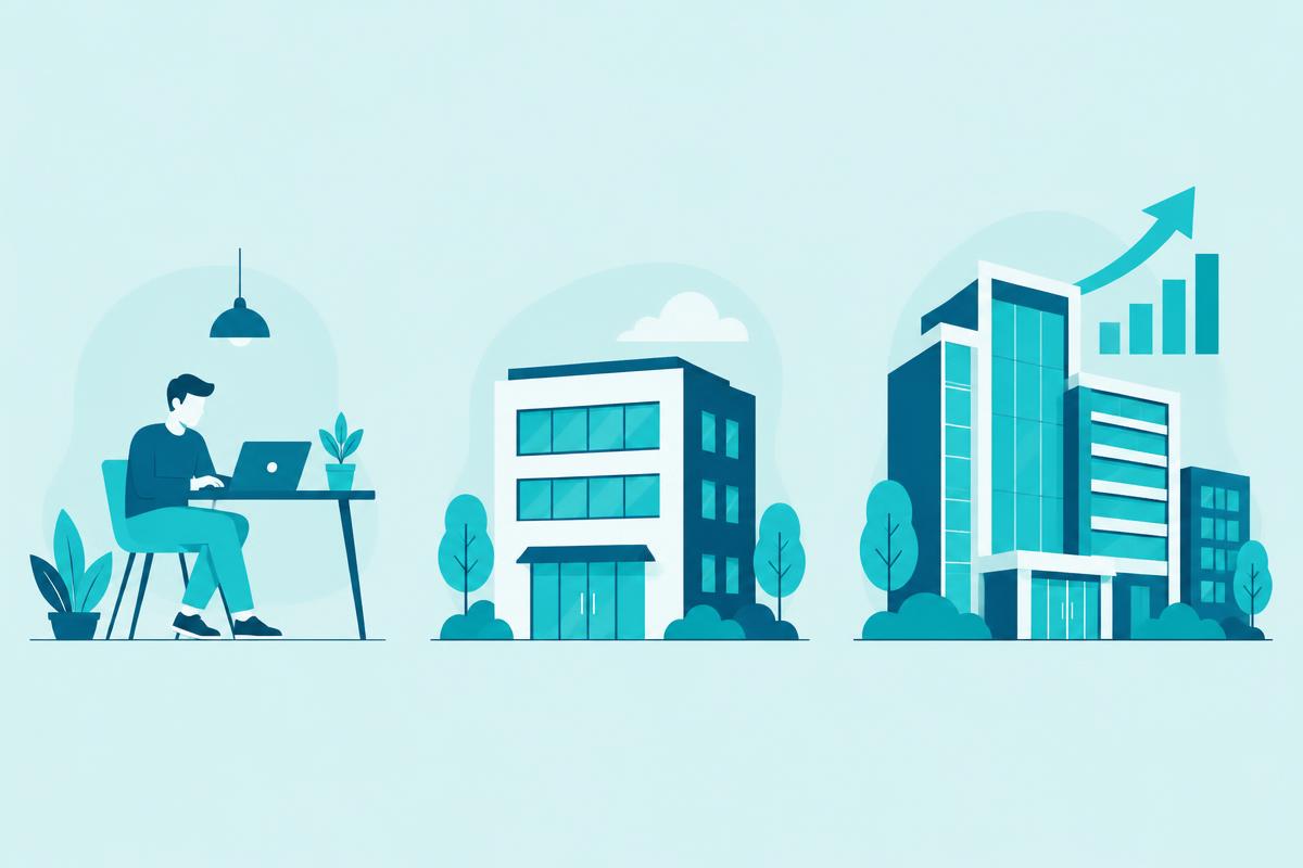 Ilustração editorial com três estruturas empresariais em azul petróleo e turquesa